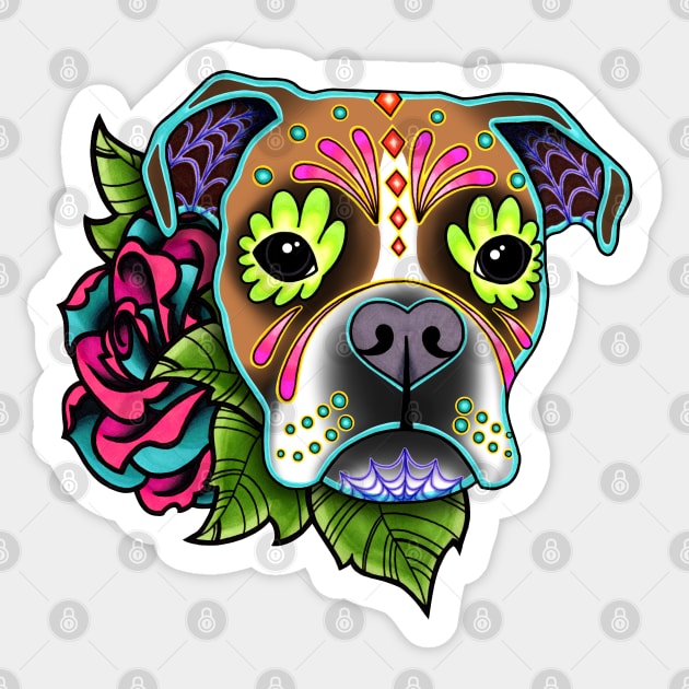 Boxer in White Fawn - Day of the Dead Sugar Skull Dog Sticker by prettyinink